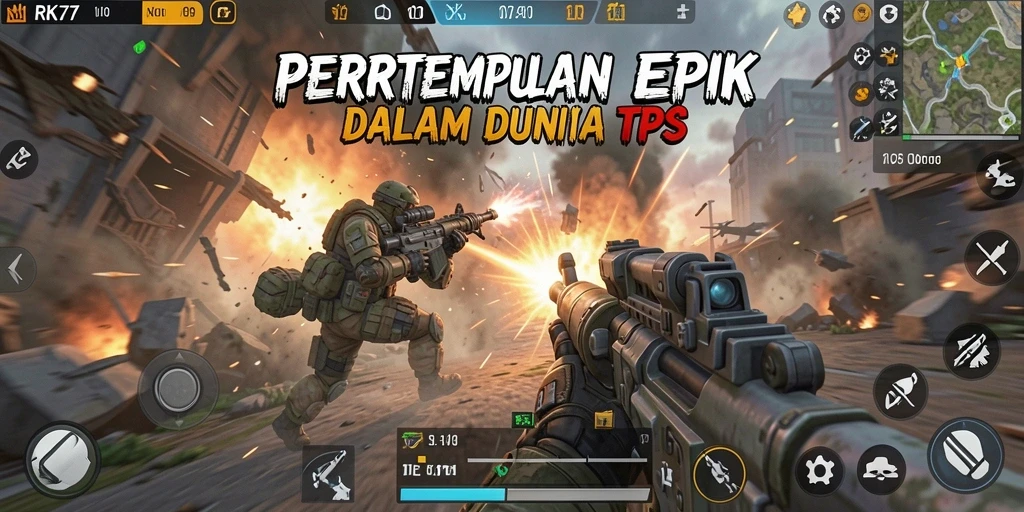 Screenshot utama menampilkan aksi pertempuran seru di RK77.